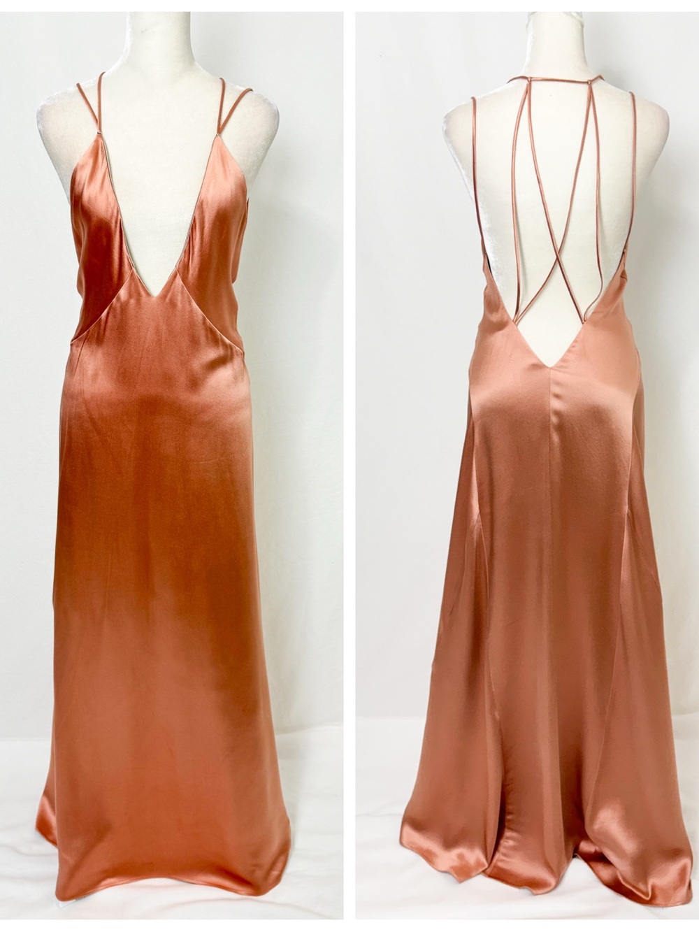 Galvan London Copper 100% Silk  Slip Maxi Dress with Strappy Back and Deep Vneck